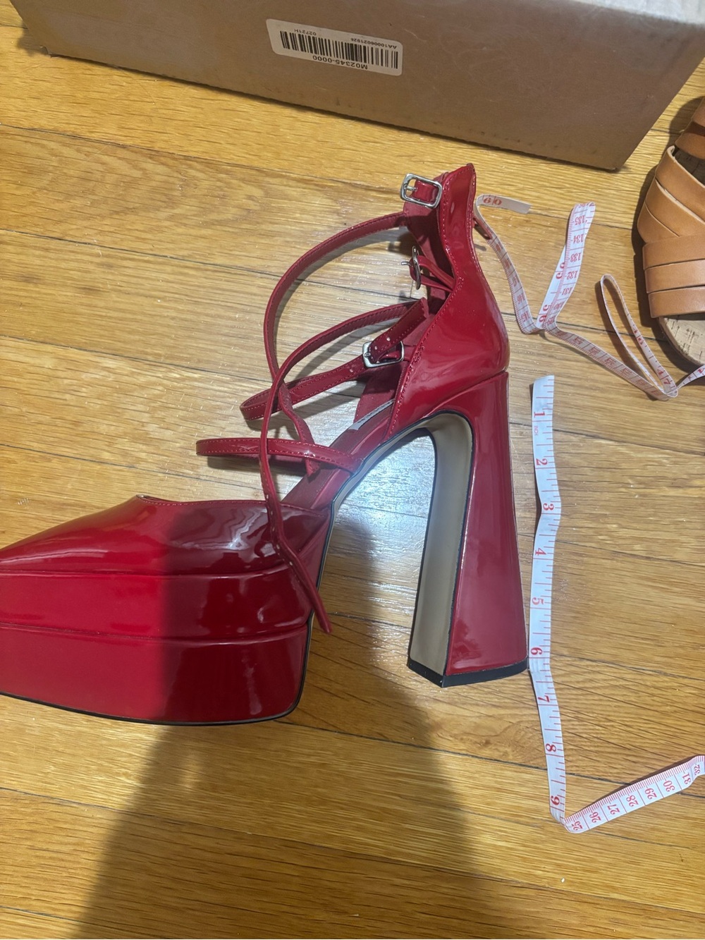 Steve Madden Red Patent Platform Block Heels with Strappy Wrap - Picture 2 of 8